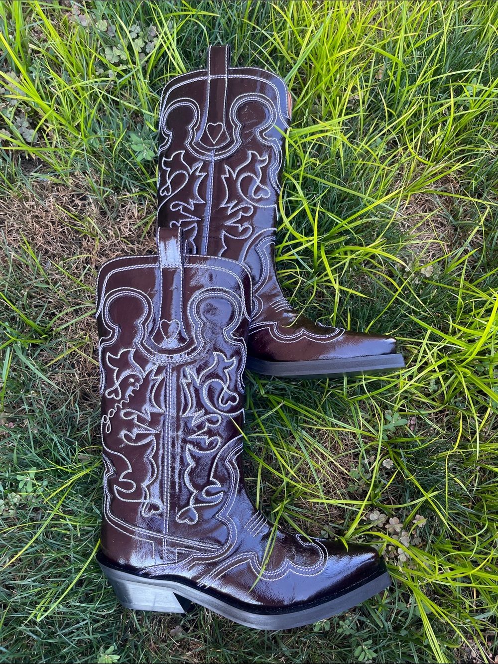 NWT Ganni Brown Borough Western Cowboy Boots with White Stitching, US 7/EUR 37 - Picture 2 of 5